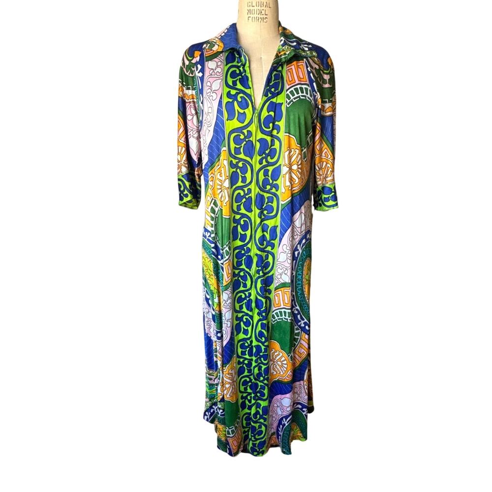Vintage 70s 80s Groovy Print Kaftan Maxi Dress Size Large